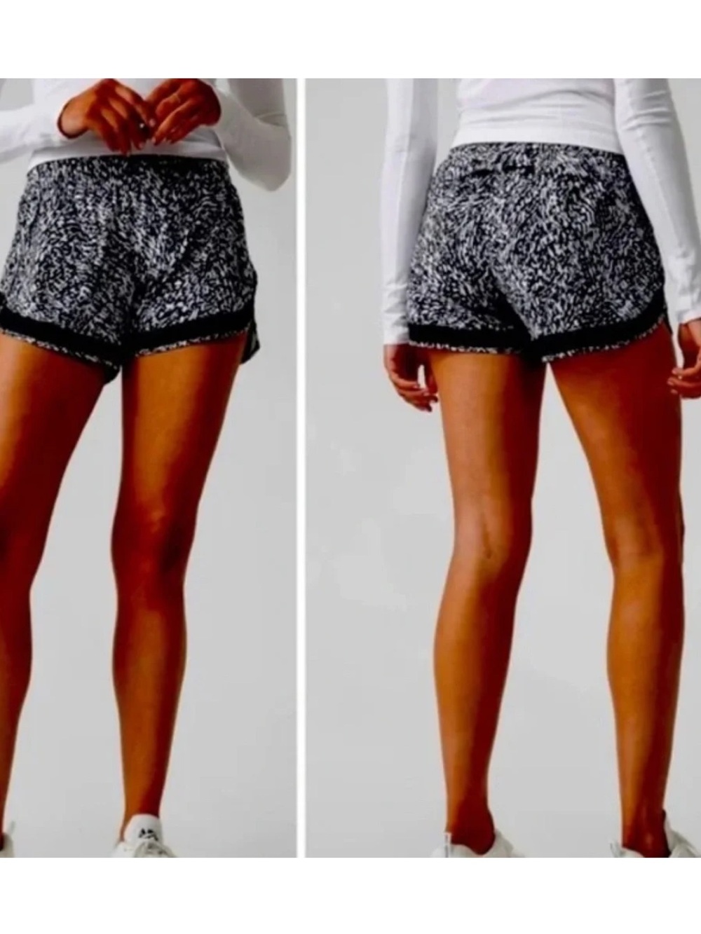 Athleta Printed Meah Racer Run 4 inch Black and White Shorts, size medium